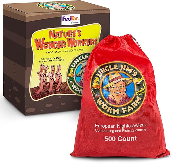Uncle Jim's Worm Farm 500 Count Super Red European Nightcrawlers for Composting and Garden Soil Aeration | Large Nightcrawlers Improve Soil Structure and Quality for Healthier Gardens