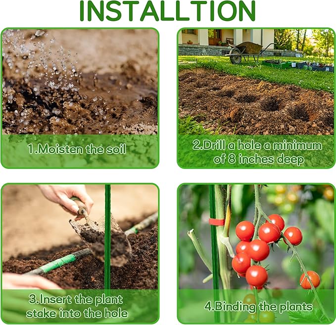 BOTINDO Garden Stakes 48 Inches Sturdy Green Plant Sticks 25 Pack, Metal Tomato Stakes Support, Yard Plant Support Cage for Potted Plants, Tomatoes, Trees, Cucumber, Fences, Beans (48 inch)
