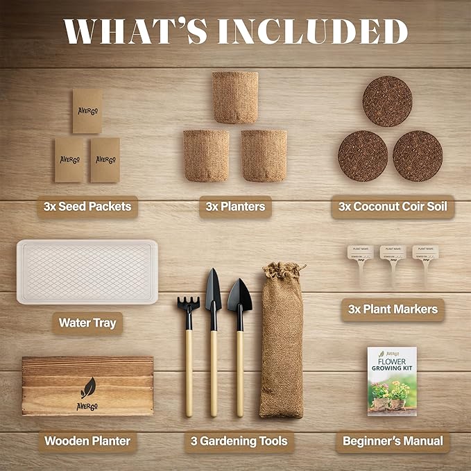 AVERGO Wildflower Seed Mix Growing Kit - Includes Perennial & Annual Wild Flowers, Burlap Planters, Soil, Wooden Box, and Gardening Tools for Indoor Garden and Patio Planting