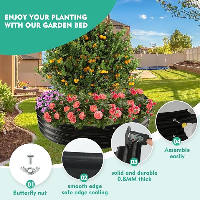 5FT Diameter Galvanized Garden Raised Bed/Plant Box/Fire Pit Ring - 0.8mm Thick,12 Inch Tall,Perfect for Planting a Variety of Flowers,Herbs,Vegetables (Black, 60 Dia X 11.5 inches)
