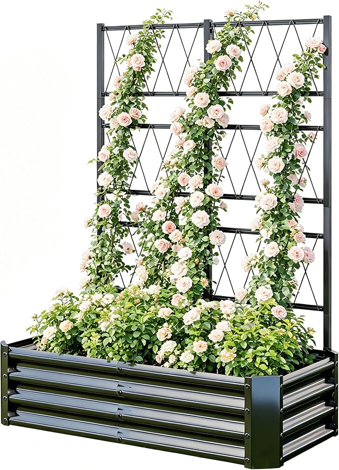 Galvanized Raised Garden Bed with Trellis for Climbing Plants Outdoor,Metal Vertical Garden Planter Box with Trellis,Heavy Duty Elevated Garden Bed for Vegetables Tomatoes Cucumbers Flowers Herb,Black