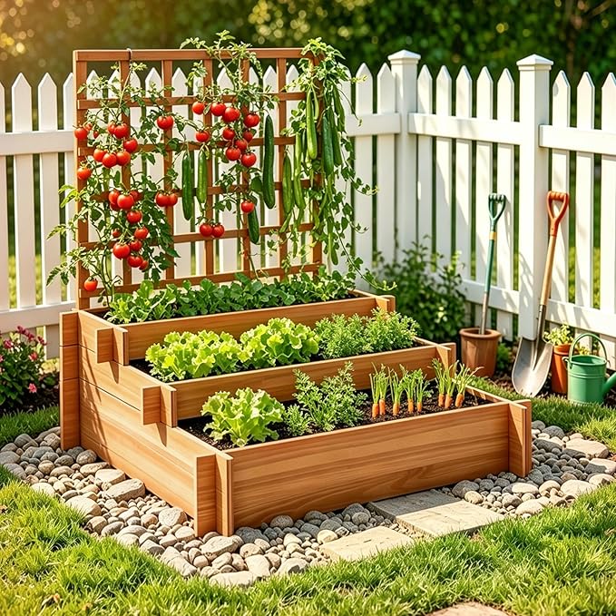 3-Tier Raised Garden Bed with Trellis, 43.3" H Fir Wood Planter Box with Non-Woven Liner, Vertical Climbing Plant Support for Patio Yard, Outdoor Grow Beds for Flowers Herbs Vegetables Fruits
