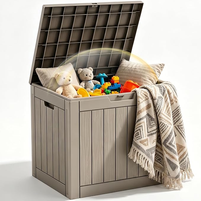EFU Outdoor Storage Box 35 Gallon Deck Box (Indoor & Outdoor) Lockable UV Resistance Waterproof Resin Storage Bin Storage Box for Outdoor,Patio Storage(Taupe)
