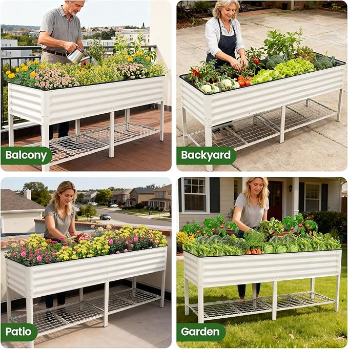 Elevated Raised Garden Bed 2' x 6'- Galvanized Metal Planter Boxes with Legs & Storage Rack, Outdoor Planters for Backyard/Patio/Balcony, with Drainage Holes for Vegetables, Flowers, Herbs, White