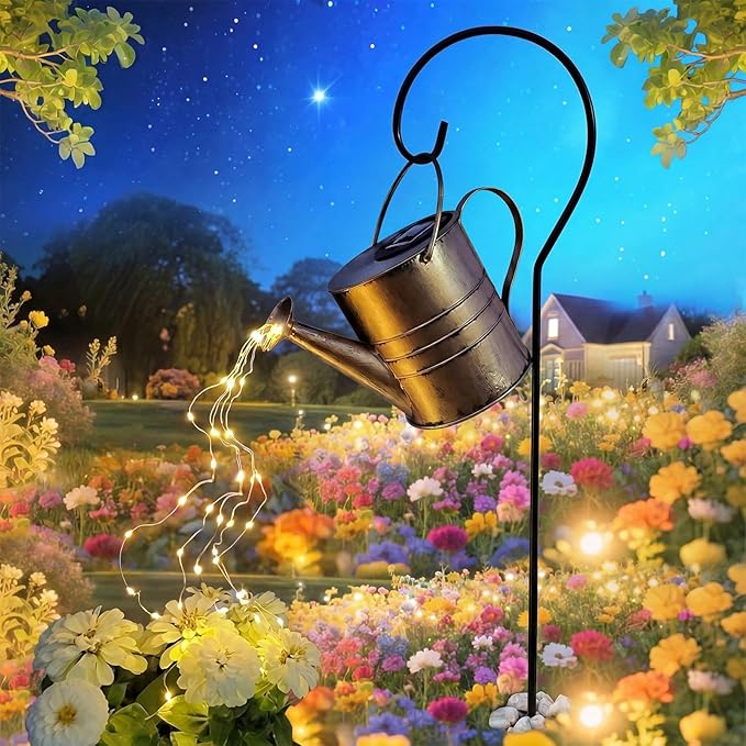 Solar Watering Can with Cascading Warm White Fairy Lights Outdoor Garden Decor Waterproof Metal Fountain Yard Patio Lawn Ornament