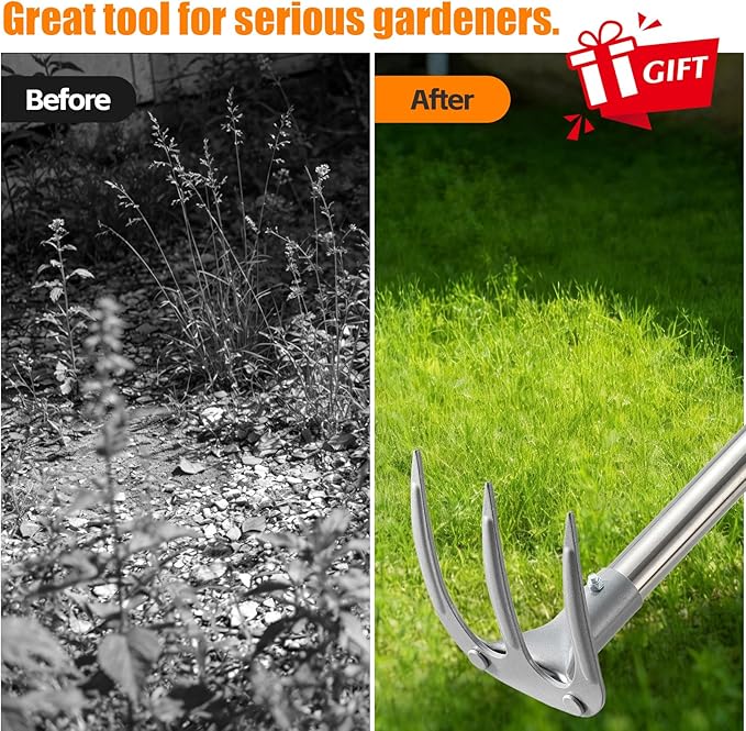 Long Handle Hand Rake Garden Tool, 62" Stand Up Weeding Rake with D-Grip, Heavy Duty 3-Tine Cultivator for Soil Loosening, Digging & Planting, Carbon Steel Tiller for Standing Weeding