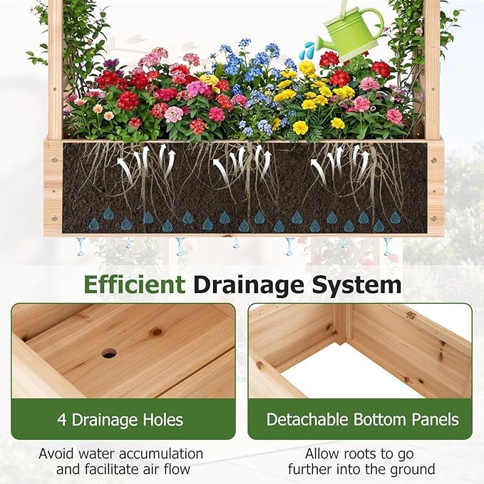 HAPPYGRILL Raised Garden Bed with Trellis & Hanging Roof, 45" Tall Wooden Planter Box with Drainage Holes, Outdoor Wood Elevated Garden Bed for Climbing Plants Vines Vegetables Flowers (Natural,1)
