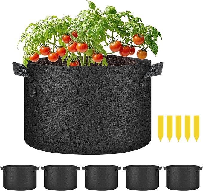 YSSOA 5-Pack 7 Gallon Grow Bags, Aeration Nonwoven Fabric Plant Pots with Handles, Heavy Duty Gardening Planter for Potato, Tomato, Vegetable and Fruits, Black 2024 Version