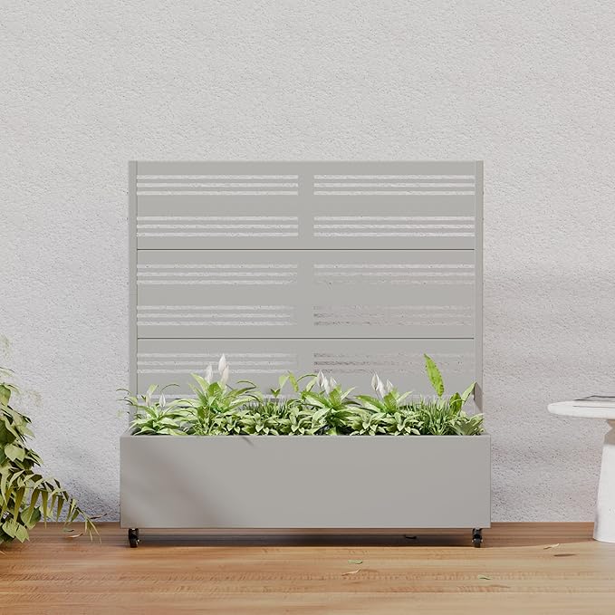 Casaphoria Metal Raised Garden Bed with Trellis and Wheels, 47"x47"x16" Planter Box for Climbing Plants, Vegetables & Vines, Features Drainage Holes and Privacy Screen, Grey-Harold