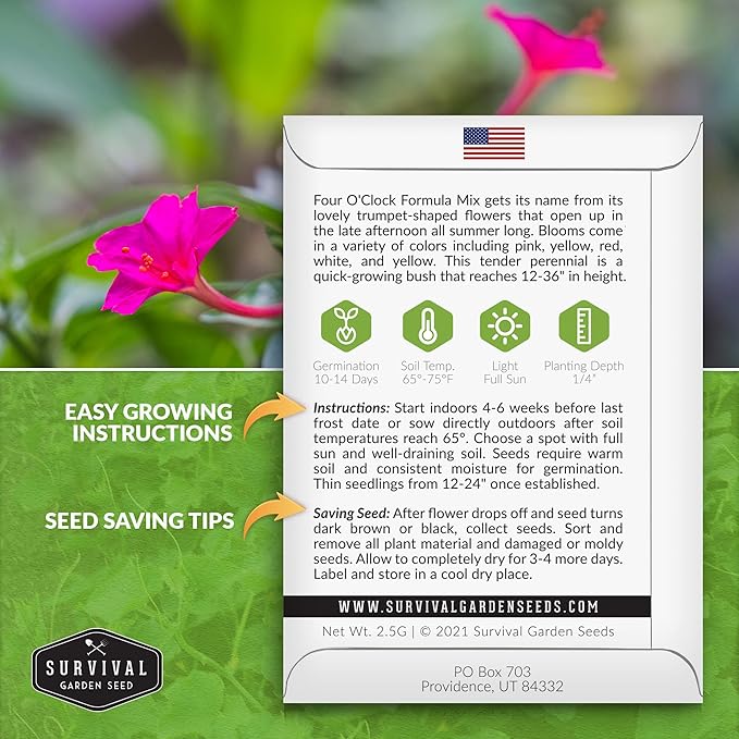 Survival Garden Seeds 1 Pack Four O’Clock Formula Mix Seeds for Planting with Instructions to Grow Colorful Blooms in Your Home Vegetable or Flower Garden - Non-GMO Heirloom Flower