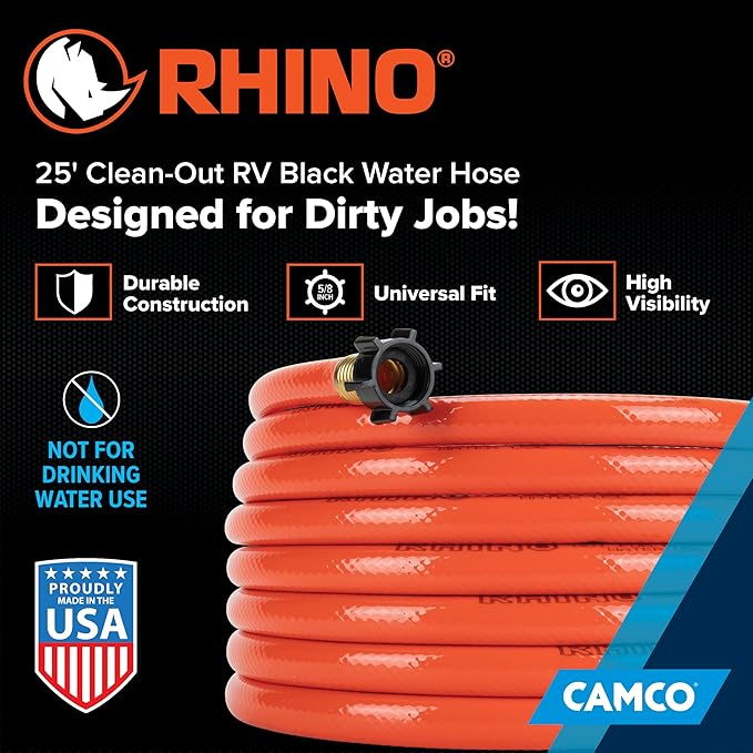 Camco Rhino 25-Ft Clean-Out Camper/RV Black Water Hose - Features a Heavy-Duty PVC Design & Bright Orange Color - Clean-Out Camper Black Water, Grey Water or Tote Tanks - 5/8” Inside Diameter (22990)