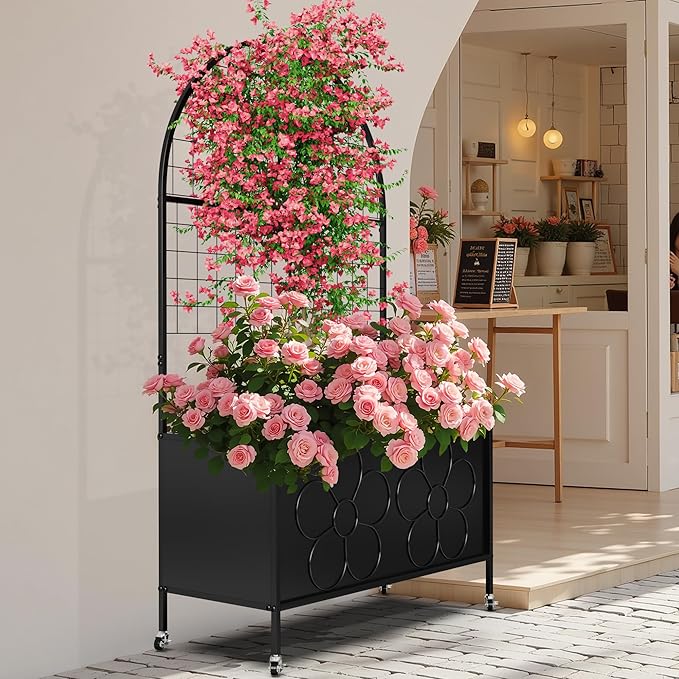 Metal Planter Box with Trellis 64'' Tall Outdoor Raised Garden Bed with Trellis for Climbing Plants Vine Privacy Planter for Yard Garden