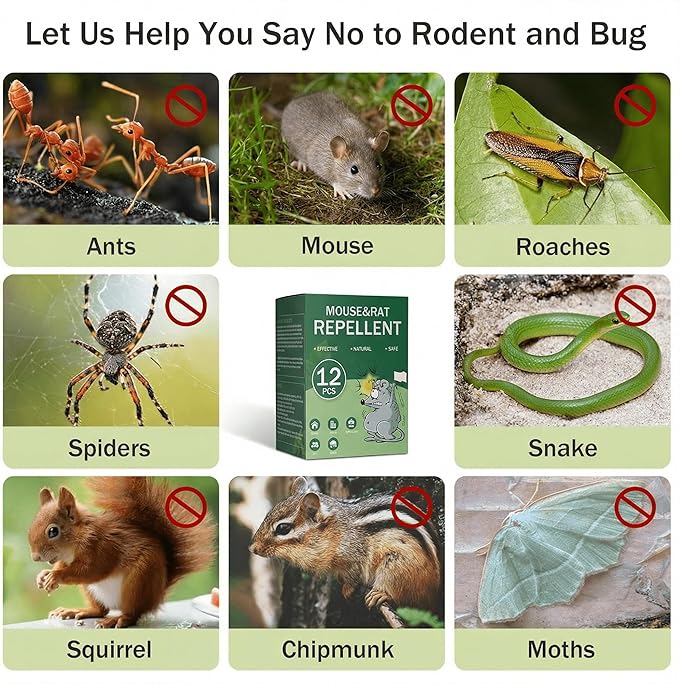 Mouse Repellent Pouches - 12 Pack Extra Strength Peppermint Oil Rodent Deterrent - Natural Indoor & Outdoor Protection for Garage, Storage, RV, Attic & Car - Plant-Based Rat & Squirrel Repeller