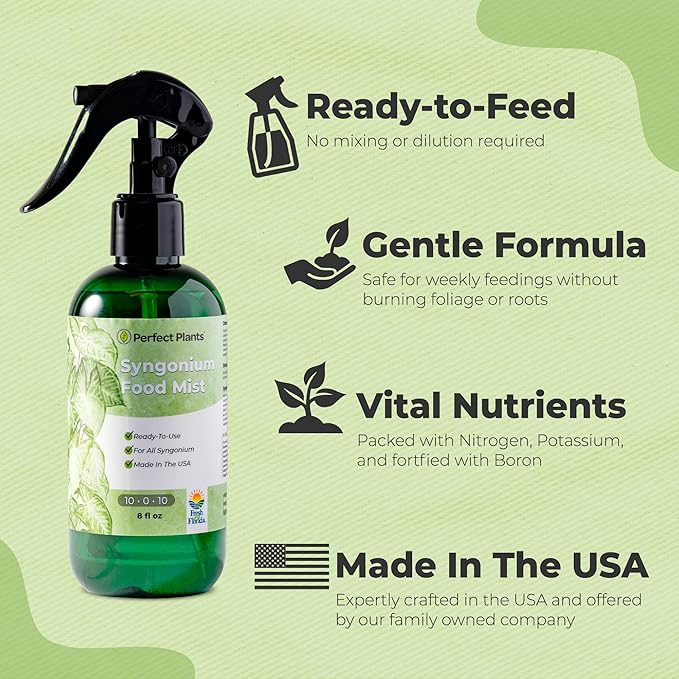 Syngonium Food Mist by Perfect Plants | Liquid Spray Foliar for Arrowhead Plants and Other Indoor Houseplants | Balanced Nutrient Blend Fortified with Boron (8 fl oz)