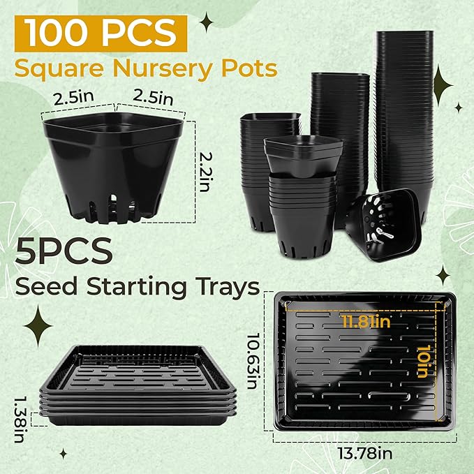 100 Pcs Square Nursery Pots, 5 Pcs Seed Starter Tray, 2.6 inch Nursery Pots with Tray, Plastic Starter Pots for Planting Seeds, Reusable Seed Starting Pots with Drainage Holes (Plastic)