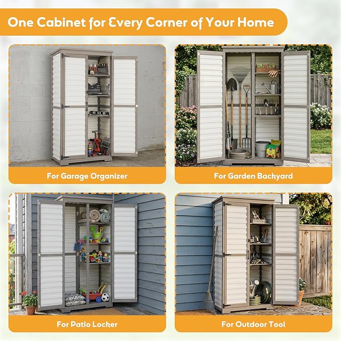 PetsCosset Outdoor Storage Cabinet with Shelves, Wood & Plastic Garden Shed, Weatherproof Outside Tool Cabinet for Patio, Backyard, Pool