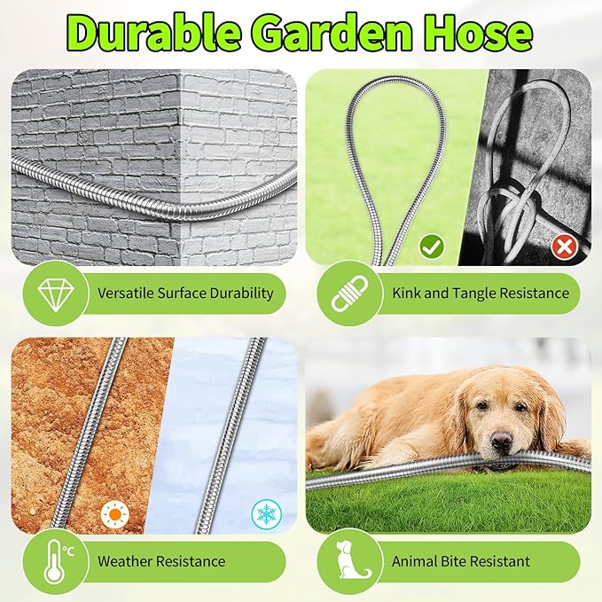 GOXAWEE Garden Hose 25FT, Stainless Steel Heavy Duty Water Hose With 10 Function Nozzle, No-Kink, Tough & Flexible, Sturdy and Lightweight, Rust Proof for Yard, Outdoor, RV