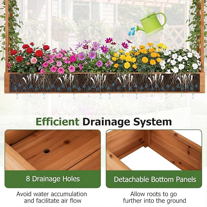 HAPPYGRILL Raised Garden Bed with Trellis, 2 Freestanding 45" Wood Planter Box w/Hanging Roof & 8 Drainage Holes for Climbing Plants Flowers, Outdoor Wood Elevated Garden Bed for Patio Yard,Orange