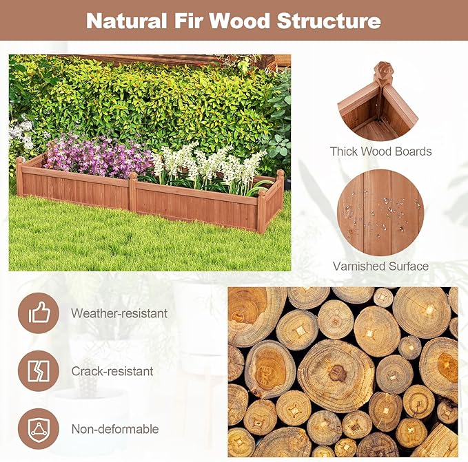 Giantex Wood Raised Garden Bed, Planting Bed with Corner Drainage, Non-Woven Liner for Growing Vegetables, Flowers, Herbs, Fruits, 89”x23.5”x16” Divisible Planter Box for Backyard, Garden, Lawn