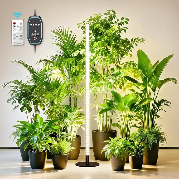 360° Grow Lights for Indoor Plants with Stand, Full Spectrum LED Plant Light with Remote, Adjustable Height up to 67''/5.4FT, Wide Illumination Grow Lamp with On/Off Switch and Round Stand
