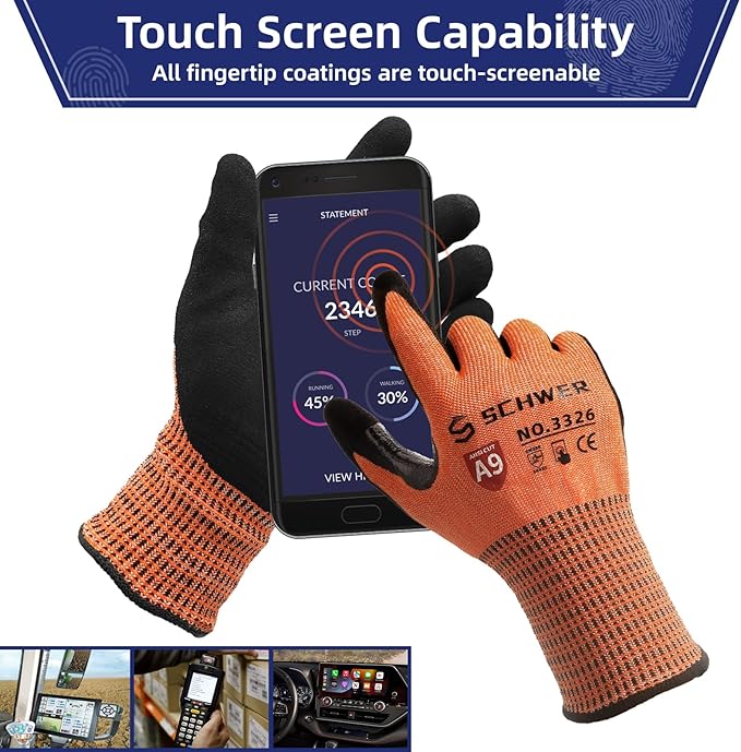 Schwer ProGuard Highest Level Cut Resistant Work Gloves PR3326 for Extreme Protection，ANSI A9 Cut Gloves with Reinforced Thumb, Non Slip, Breathable, Durable, Touch-screen, Orange 1 Pair（L）