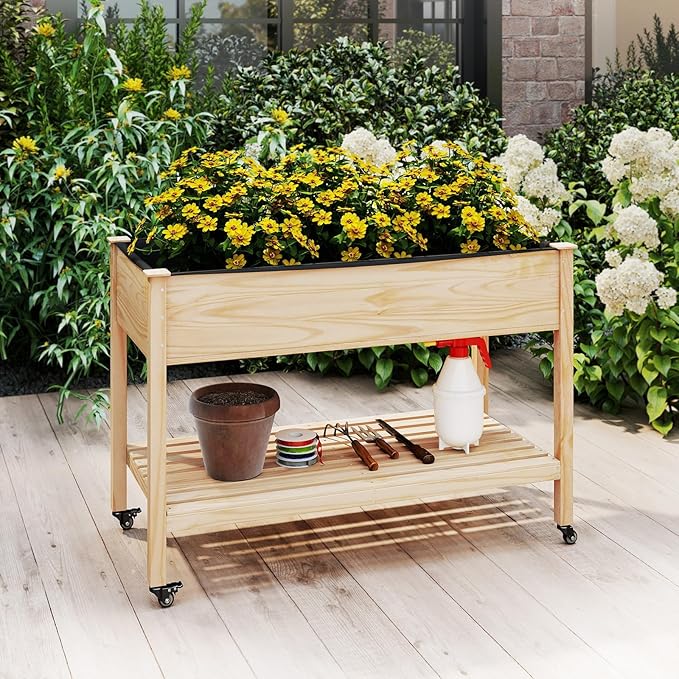 Raised Garden Bed with Legs, Wood Raised Planter w/Lockable Wheels, Drainage Holes & Storage Shelf, Planter Box for Flowers Herbs, Outdoor Balcony Backyard, Natural, 47" L x 23" W x 33" H
