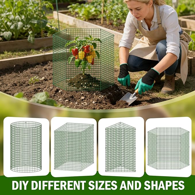 Uyittour 10 Pack Plant Protectors from Animals, 12" x 16" Round Metal Wire Garden Plant Cages to Keep Animals Out, Rabbit Proof Protection for Vegetables & Flowers with Stakes, Zip Ties & Gloves