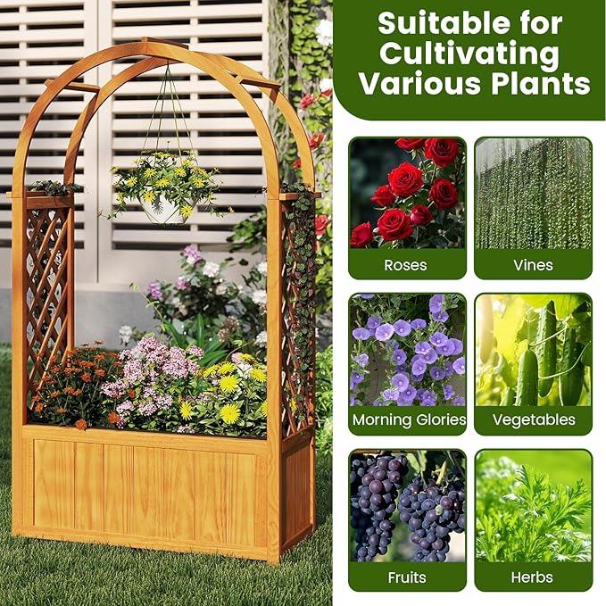 Giantex Raised Garden Bed with Arch Lattice Trellis, for Climbing Vine Flower Vegetable, Wood Planter Box with Liner & Drainage Design, Outdoor Plant Container for Yard Balcony (33"x15"x57")