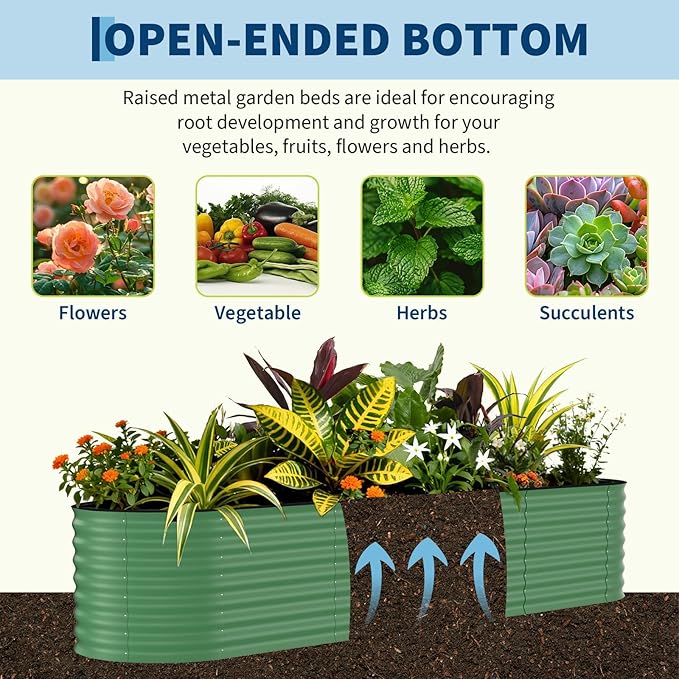 Garvee 2 Pack 8x2x2ft Galvanized Raised Garden Bed Kit, Oval Metal Planter Boxes with Anti-Cut Safety Edges, Rust-Resistant Deep Root Planters for Outdoor Vegetables, Flowers, Herbs, Green