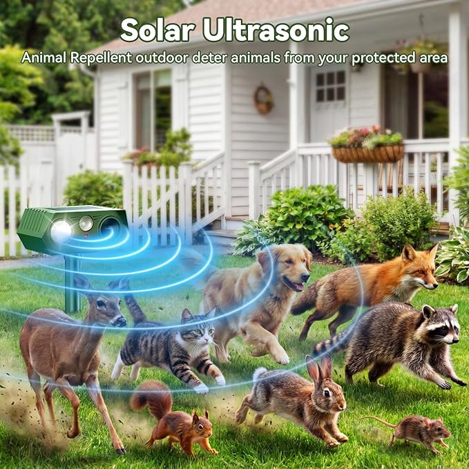 2026 Upgraded Solar Ultrasonic Animal Repellent Outdoor Deer Cat Repellent with Motion Sensor Flash Light, IP65 Waterproof Repeller Keep Rodent Squirrel Raccoon Opossum Skunk Out of Yard Farm - 4Pack