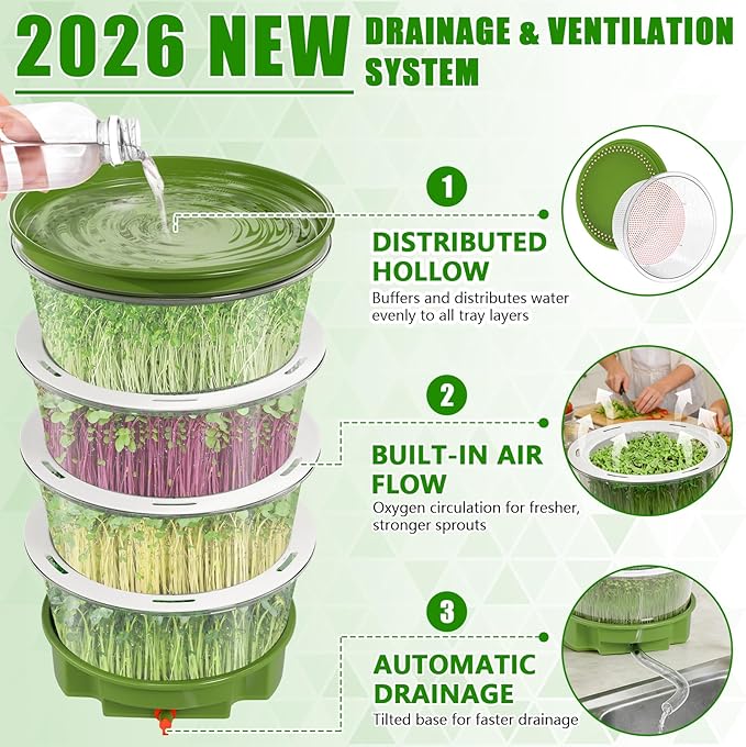 4-Tier Sprouts Growing Kit with Drain Hose & Ventilation Holes, Stackable Microgreens Growing Sprouting Trays Including Blackout Cover, Soil-Free Sprouter for Planting Broccoli Alfalfa Bean Seeds