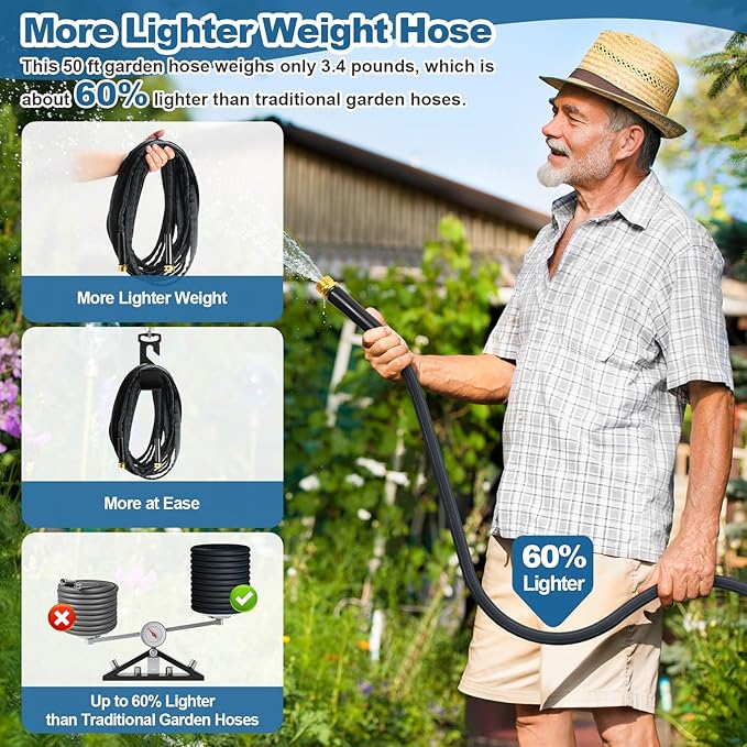 Garden Hose 50ft Lightweight, Non-Expanding, Leak-Proof Metal Connector, No-Knot No-Tangle, Easy to Store and Carry, Wear-Resistant, 3/4GHT Flexible Water Hose, Hose for Yard, Garden, Outdoor