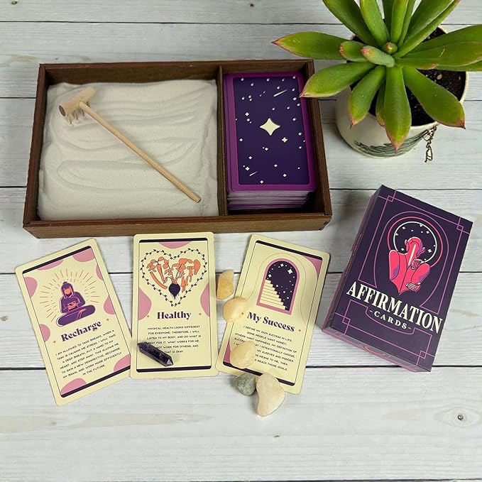 Wooden Zen Garden with Daily Affirmation Cards for Women and Men | White Sand with Rake & Amethyst Wand | Affirmations for Mindfulness, Meditation, and Inspiration | Beautiful 52 Card Deck