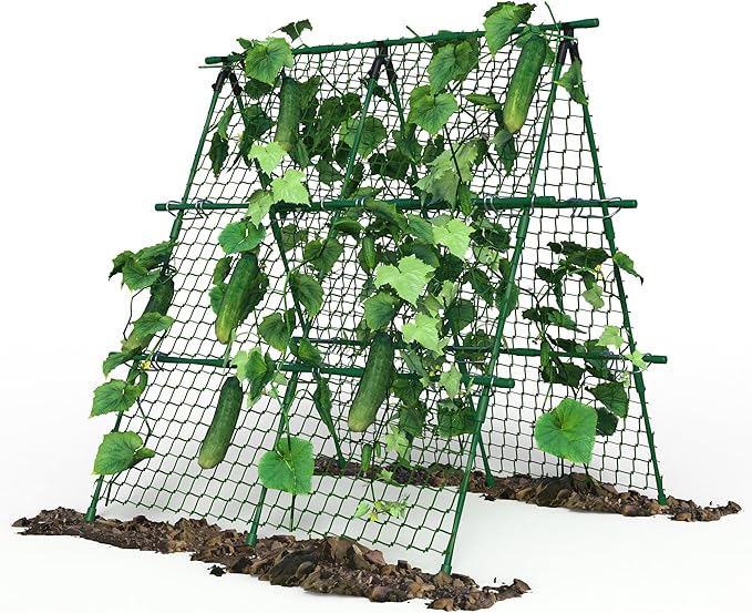 4ft x 4ft Green Metal a-Frame Cucumber Trellis for Climbing Plants – Foldable Garden Support for Cucumbers, Tomatoes, Peas, Beans & Vines with Netting – Fits Raised Beds