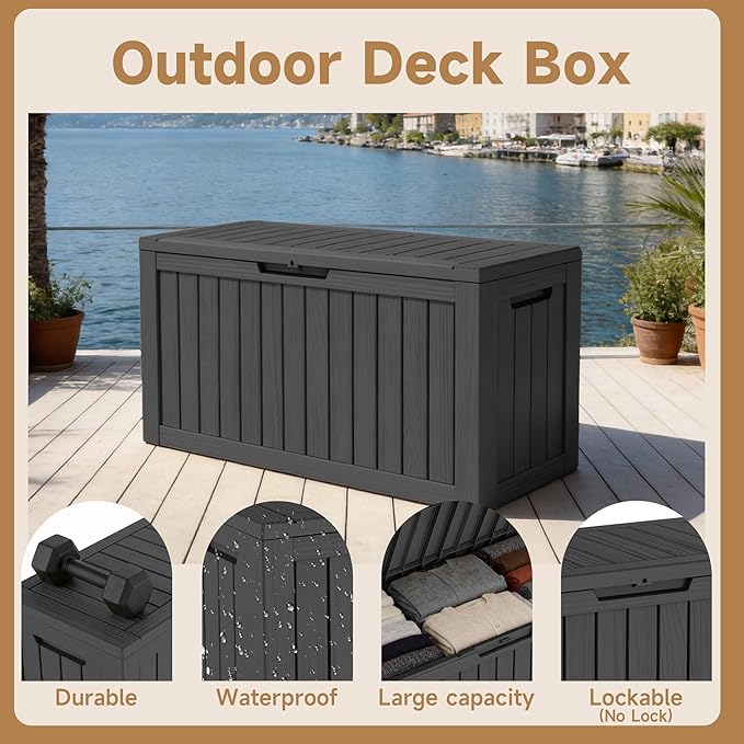 DRATO 85 Gallon Outdoor Deck Box, Weather-Resistant Resin Patio Storage Box with Hydraulic Rod, Large Capacity Storage Bin for Garden Tools, Pool Towels, Outdoor Cushions & Toys (Black)