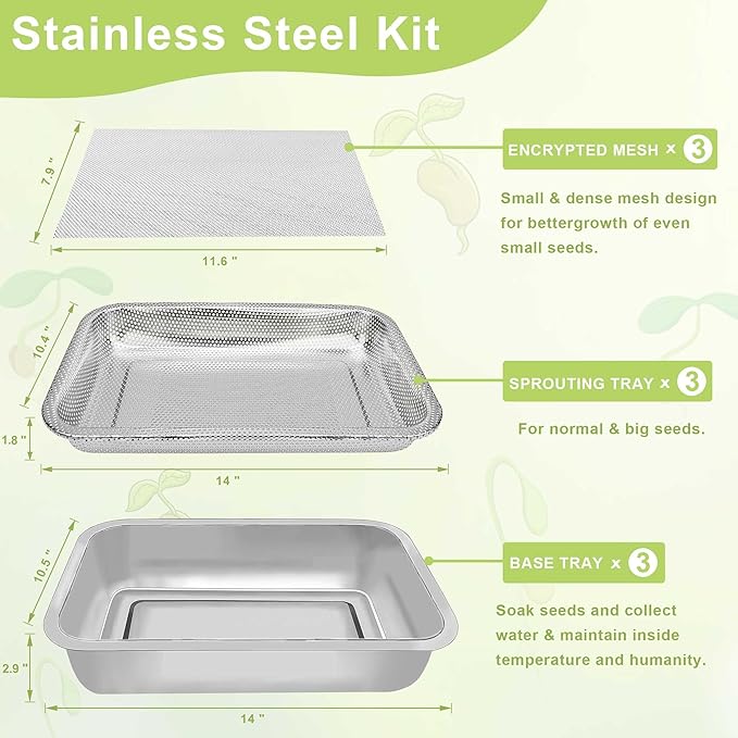 Stainless Steel Sprouts Growing Kit 3-Tier 14 inch Trays, Microgreens Growing Kit, Seed Sprouting Tray with Encrypted Mesh Sprouts for Beans Alfalfa Broccoli Wheat Grass