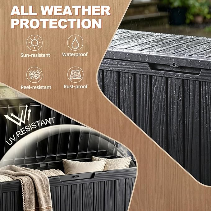 EFU Outdoor Storage Box 80 Gallon Deck Box (Indoor & Outdoor) Lockable UV Resistance Waterproof Resin Storage Bin Storage Box for Outdoor,Patio Storage With Support Rod(Black)