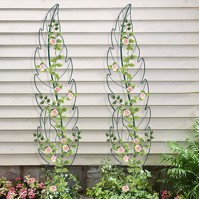Metal Garden Trellis Plant Support Trellis for Climbing Vines Floral Vegetables Metal Trellis -Green Leaf Trellis Garden Decor Set of 2（Green）