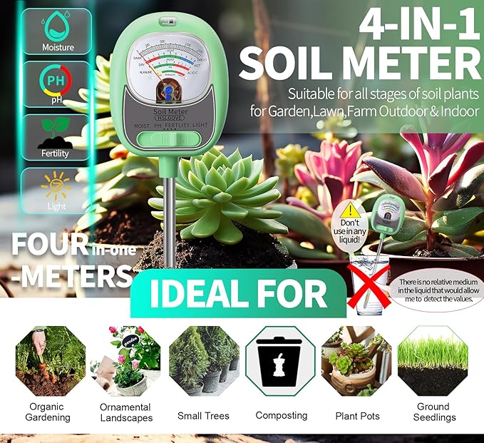 HSLGOVE 4-in-1 Soil Test Kit – Soil Moisture Meter, pH, Fertility & Sun-Light, No Battery Required, Large Dial Soil Tester for Indoor & Outdoor Gardening, Lawn, Farm –Tea Green