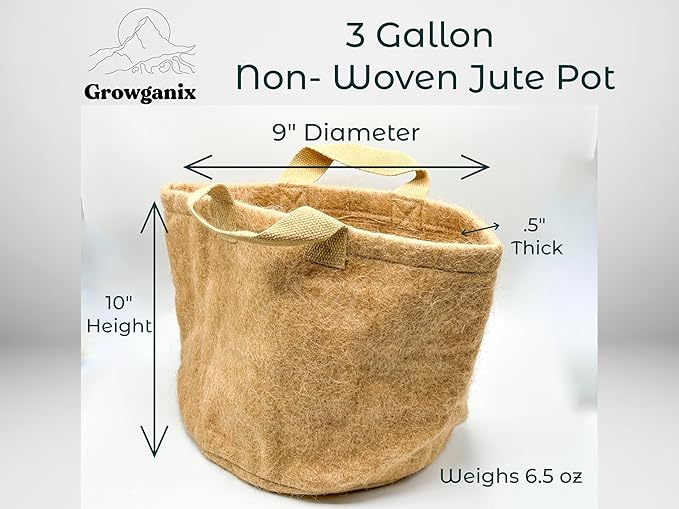 Non-Woven Jute Fabric Grow Bag with Handles, Biodegradeable Pot, 100% Natural Fiber, Breathable, Fast Root Growth, Available in 3 & 5 Gallon. (1, 3 Gallon)