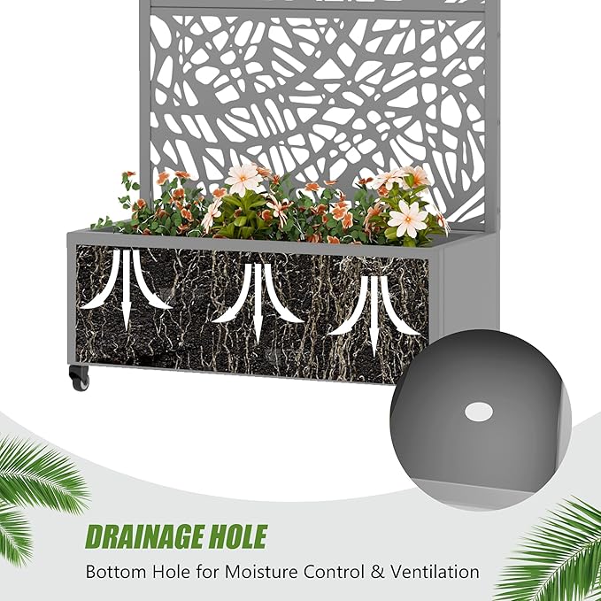 Casaphoria Metal Raised Garden Bed with Trellis and Wheels, 72"x35"x16" Planter Box for Climbing Plants, Vegetables & Vines, Features Drainage Holes and Privacy Screen, Grey-Net