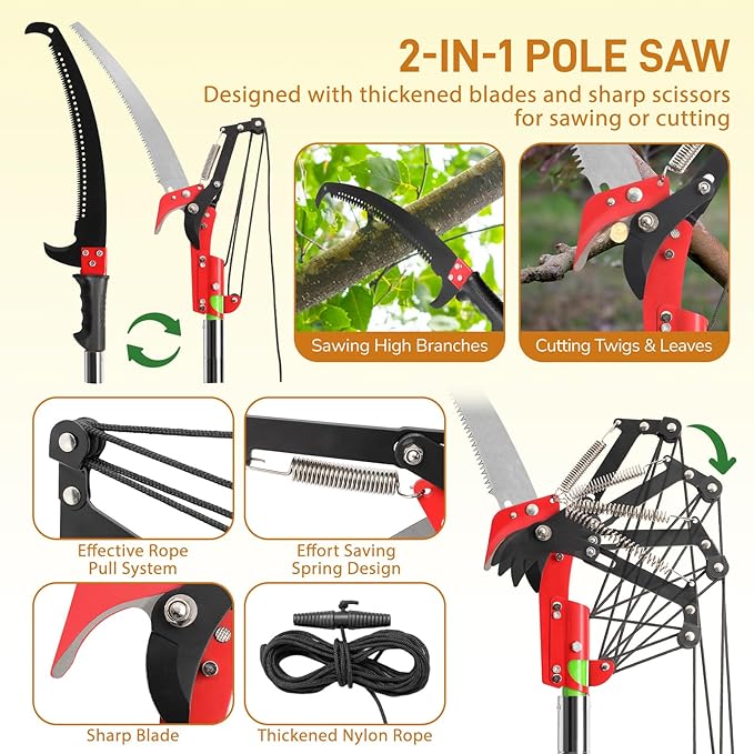 VINGLI 26FT Manual Pole Saw for Tree Trimming, Extendable Tree Pruner, Sharp Steel Blade and Scissors, High Tree Branch Cutter with Lightweight 8 Fiberglass Long Handles, for Pruning Palms and Shrubs