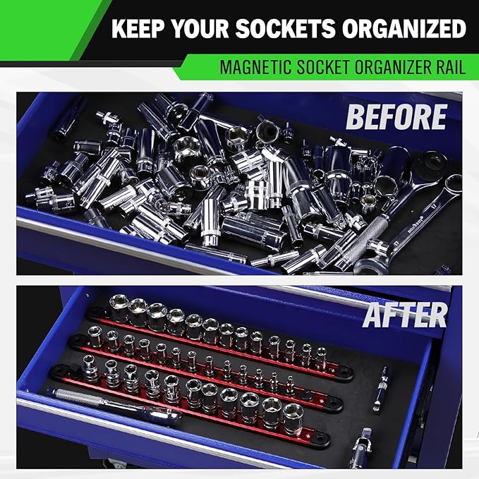1/4-Inch Magnetic Socket Organizer Rail, Aluminum Alloy Socket Rail, Heavy Duty Sockets Holder with 14 Clips, 360° Swivel Clip Tool Tray, Sockets Organizer for Tool Box Drawer (Red)