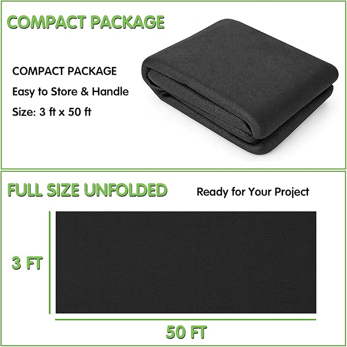 Non-Woven Weed Barrier Fabric, 3ft x 50ft, Easy Install & Breathable Ground Cover - Landscape Fabric for Gardens, Flower Beds, Mulch & Professional Weed Control