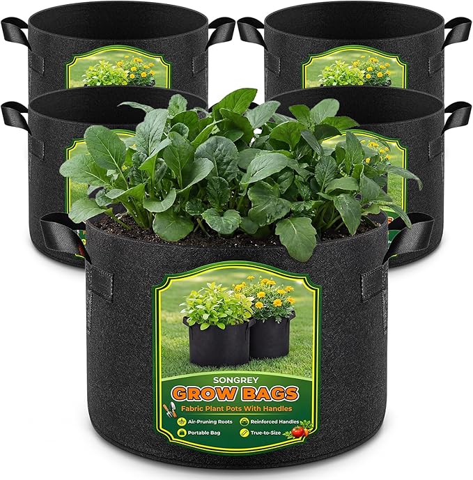 Songrey Grow Bags 5 Gallon 5 Pack, Thickened Nonwoven Fabric Pots with Handles, Heavy Duty Garden Planter for Tomato, Vegetables and Flower