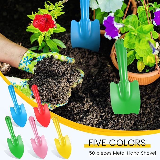 50 Pcs Mini Colorful Metal Hand Shovel 7.87 x 2.56 Inch Mini Trowel Set Garden Tools Small Garden Shovels for Digging Gardening Soil Planting Transplanting Women Men, 5 Colors