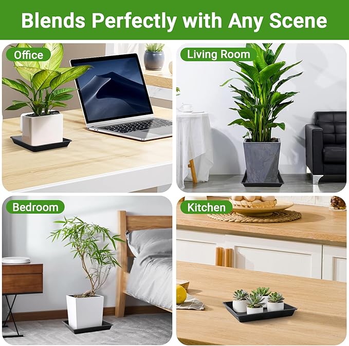 GREANER 10/12/14 Inches Square Plant Saucer, Black Plant Drainage Tray, Seed Starter Growing Trays for Indoors and Outdoors (6 PCS)