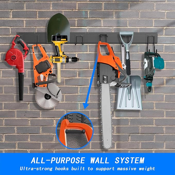 CBWLWJ 48'' Garage Tool Organizer Wall Mount - Heavy Duty 480 lbs Capacity Tool Rack with 6 Adjustable Straight Hooks, Wall Mounted Storage System for Garage, Shed, Workshop (Black)