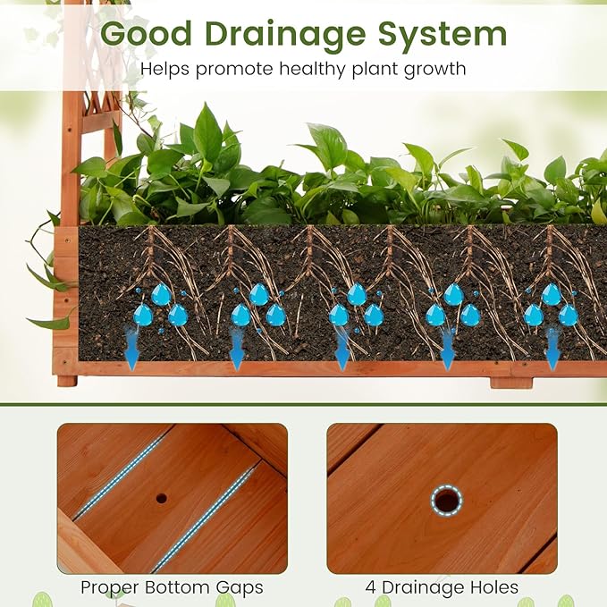 S AFSTAR 77-Inch Raised Garden Bed with Arch Trellis, Hanging Roof & Drainage Holes, Vertical Plant Container for Vine Climbing Plant Flower, Indoor Outdoor Wood Elevated Planter Box for Garden