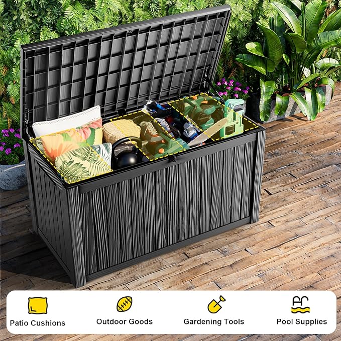 Outdoor Waterproof Resin Storage Deck Box Lockable Outside Bench UV Resistant Bin Patio Porch Furniture Pool Float Garden Tool Cushion (Black, 200 Gallon)